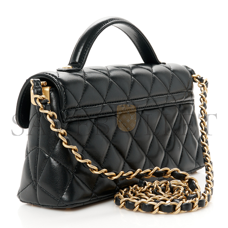 CHANEL LAMBSKIN QUILTED MINI FLAP TOP HANDLE BAG BLACK AS5354 (20*11*6cm)